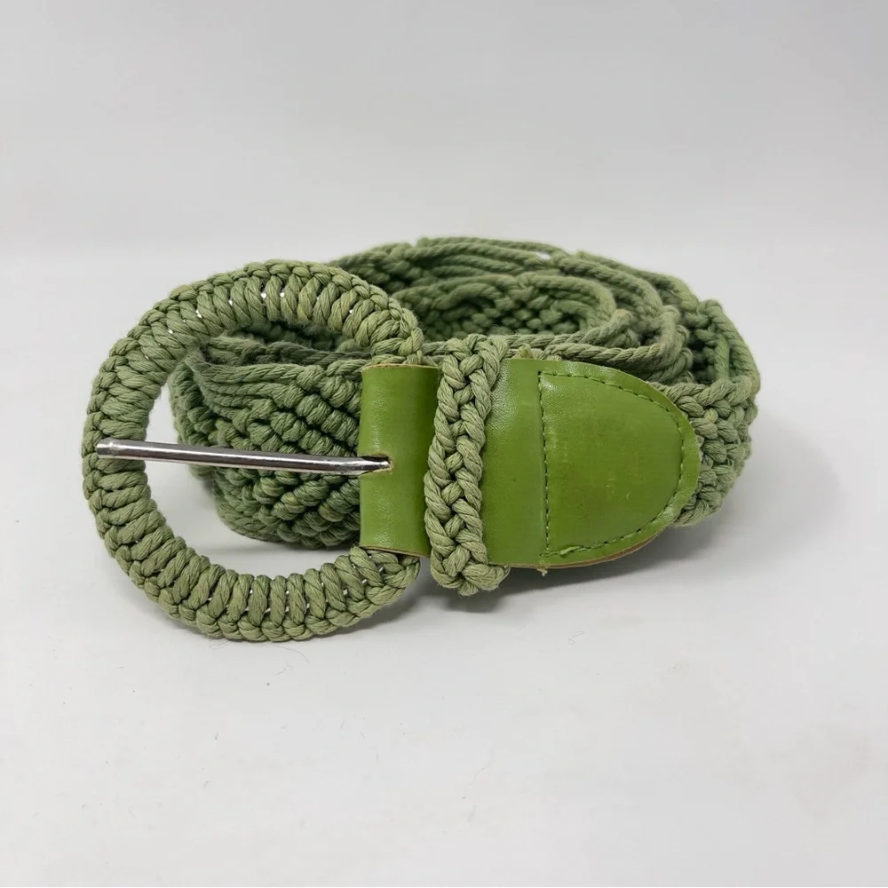 Vintage Green‎ Macrame Belt w/ Leather Trim, Boho Wide Woven Statement Belt